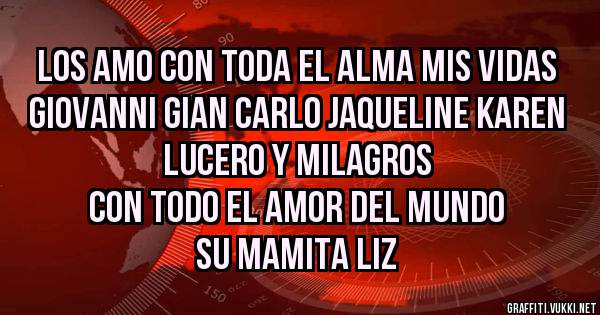 LOS AMO CON TODA EL ALMA MIS VIDAS
GIOVANNI GIAN CARLO JAQUELINE KAREN LUCERO Y MILAGROS

CON TODO EL AMOR DEL MUNDO
      SU MAMITA LIZ