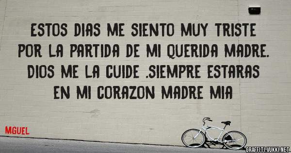 Estos dias me siento muy triste por la partida de mi querida madre. Dios me la cuide .siempre estaras en mi corazon madre mia