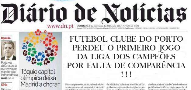 FUTEBOL CLUBE DO PORTO PERDEU O PRIMEIRO JOGO DA LIGA DOS CAMPEÕES POR FALTA DE COMPARÊNCIA ! ! !