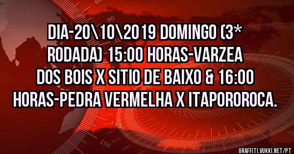 DIA-20\10\2019 DOMINGO (3* Rodada) 15:00 HORAS-VARZEA DOS BOIS X SITIO DE BAIXO & 16:00 HORAS-PEDRA VERMELHA x ITAPOROROCA.
