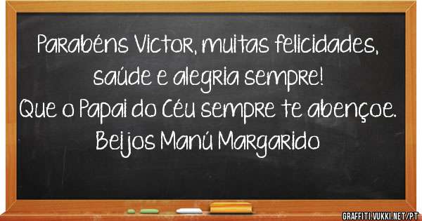 Parabéns Victor, muitas felicidades,  saúde e alegria sempre!
Que o Papai do Céu sempre te abençoe. 
Beijos Manú Margarido 