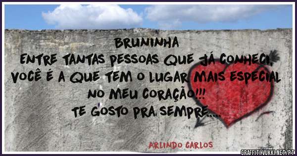 Bruninha 
Entre tantas pessoas que já conheci, você é a que tem o lugar mais especial no meu coração!!!
Te gosto pra sempre.....