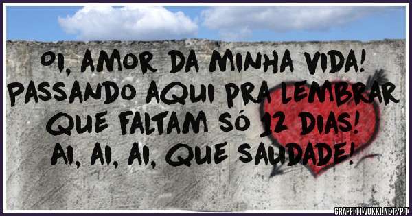 Oi, amor da minha vida!
Passando aqui pra lembrar
que faltam só 12 dias!
Ai, ai, ai, que saudade!