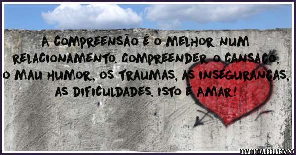 A compreensão é o melhor num relacionamento. Compreender o cansaço, o mau humor, os traumas, as inseguranças, as dificuldades. Isto é Amar! 
