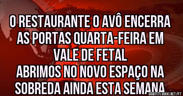 O Restaurante O Avô encerra as portas Quarta-Feira em Vale de Fetal
Abrimos no novo Espaço na Sobreda ainda esta semana
