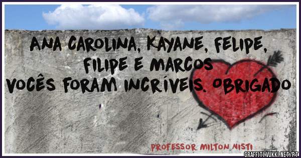Ana Carolina, Kayane, Felipe, Filipe e Marcos
vocês foram incríveis. Obrigado