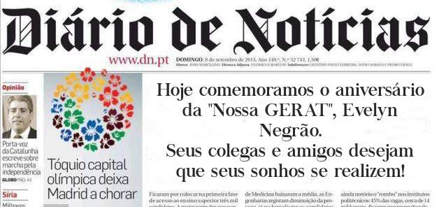 Hoje comemoramos o aniversário da ''Nossa GERAT'', Evelyn Negrão.
Seus colegas e amigos desejam que seus sonhos se realizem!