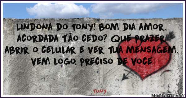 Lindona do Tony! bom dia amor. acordada tão cedo? que prazer abrir o celular e ver tua mensagem. vem logo. preciso de voce