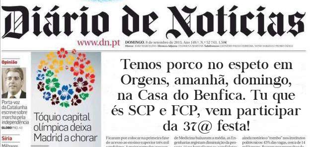 Temos porco no espeto em Orgens, amanhã, domingo, na Casa do Benfica. Tu que és SCP e FCP, vem participar da 37@ festa!