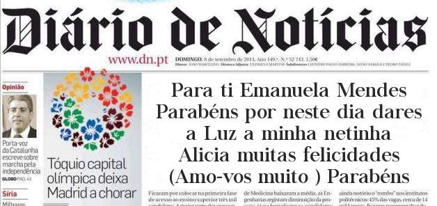 Para ti Emanuela Mendes Parabéns por neste dia dares a Luz a minha netinha  Alicia muitas felicidades (Amo-vos muito ) Parabéns 