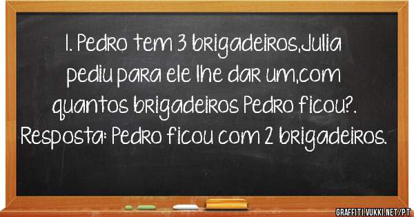 1. Pedro tem 3 brigadeiros,Julia pediu para ele lhe dar um,com quantos brigadeiros Pedro ficou?.
Resposta: Pedro ficou com 2 brigadeiros.
