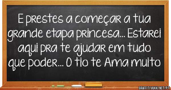 E prestes a começar a tua grande etapa princesa... Estarei aqui pra te ajudar em tudo que poder... O tio te Ama muito 