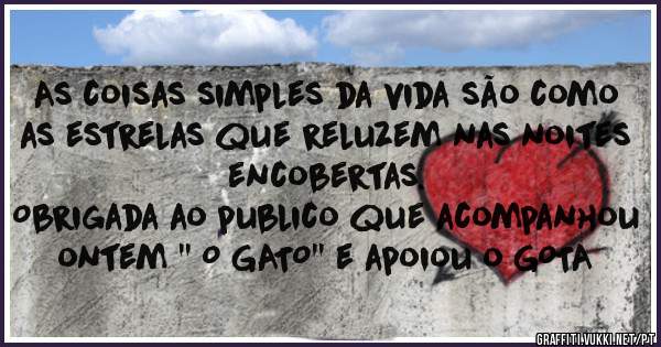 As coisas simples da vida são como as estrelas que reluzem nas noites encobertas.
Obrigada ao publico que acompanhou ontem '' O GATO'' e apoiou o GOTA