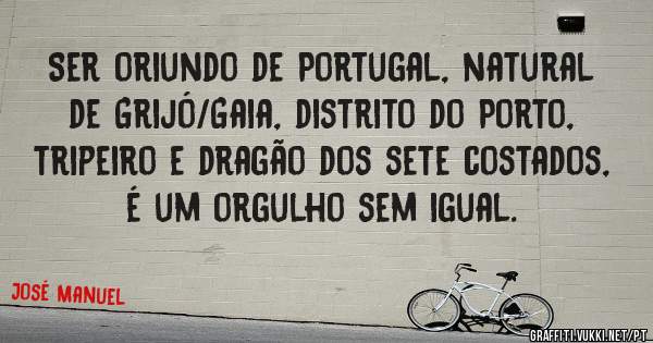 Ser oriundo de Portugal, natural de Grijó/Gaia, distrito do Porto, tripeiro e dragão dos sete costados, é um orgulho sem igual. 