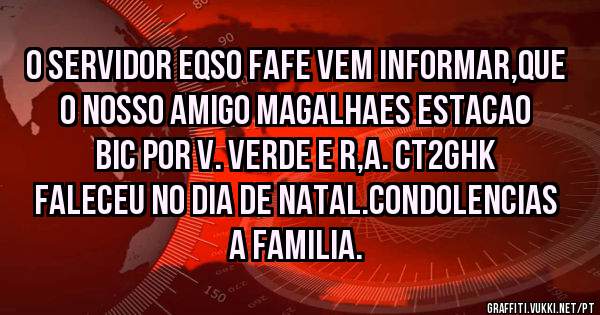 O SERVIDOR EQSO FAFE VEM INFORMAR,QUE O NOSSO AMIGO MAGALHAES ESTACAO BIC POR V. VERDE E R,A. CT2GHK FALECEU NO DIA DE NATAL.CONDOLENCIAS A FAMILIA.