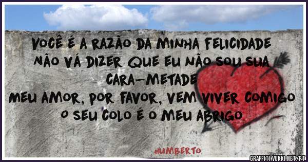
Você é a razão da minha felicidade
Não vá dizer que eu não sou sua cara-metade
Meu amor, por favor, vem viver comigo
O seu colo é o meu abrigo
