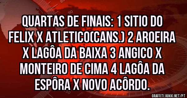 QUARTAS DE FINAIS: 1 SITIO DO FELIX X ATLETICO(Cans.) 2 AROEIRA X LAGÔA DA BAIXA 3 ANGICO X MONTEIRO DE CIMA 4 LAGÔA DA ESPÔRA X NOVO ACÔRDO.