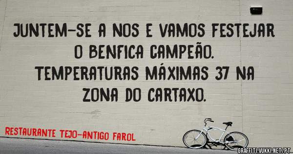 Juntem-se a nos e vamos festejar o BENFICA campeão.
Temperaturas máximas 37 na zona do Cartaxo.