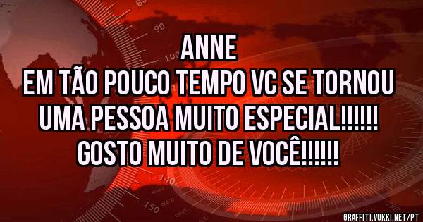 Anne
Em tão pouco tempo vc se tornou uma pessoa muito especial!!!!!!
Gosto muito de você!!!!!!
