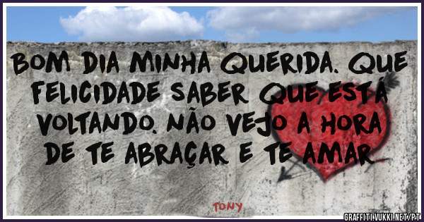 Bom dia minha querida. que felicidade saber que está voltando. não vejo a hora de te abraçar e te amar