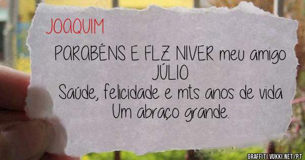 PARABÉNS E FLZ NIVER meu amigo JÚLIO
Saúde, felicidade e mts anos de vida
Um abraço grande.