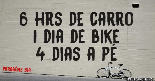 6 hrs de carro
1 dia de bike 
4 dias a pé