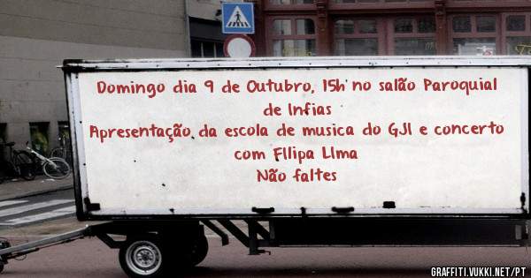 Domingo dia 9 de Outubro, 15h no salão Paroquial de Infias
Apresentação da escola de musica do GJI e concerto com FIlipa LIma
Não faltes