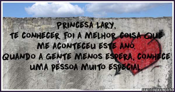 Princesa Lary,
Te conhecer foi a melhor coisa que me aconteceu este ano.
Quando a gente menos espera, conhece uma pessoa muito especial.


