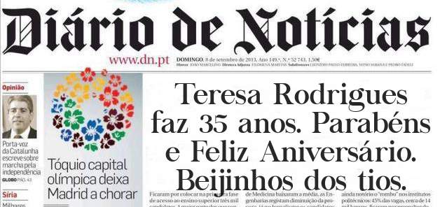 Teresa Rodrigues faz 35 anos. Parabéns e Feliz Aniversário. Beijinhos dos tios.