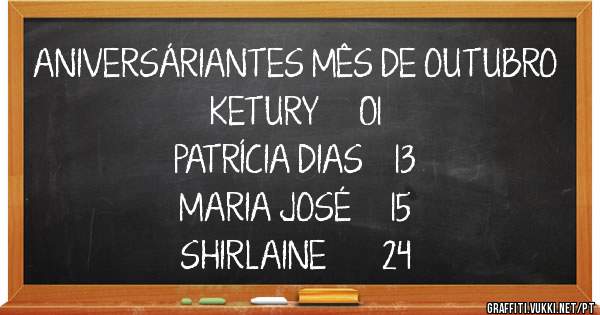 ANIVERSÁRIANTES MÊS DE OUTUBRO
KETURY     01
PATRÍCIA DIAS    13
MARIA JOSÉ     15
SHIRLAINE       24