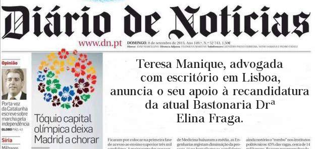 Teresa Manique, advogada com escritório em Lisboa, anuncia o seu apoio à recandidatura da atual Bastonaria Drª Elina Fraga.