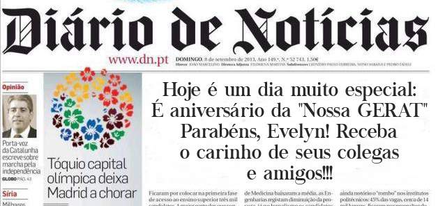 Hoje é um dia muito especial: É aniversário da ''Nossa GERAT''
Parabéns, Evelyn! Receba o carinho de seus colegas e amigos!!!