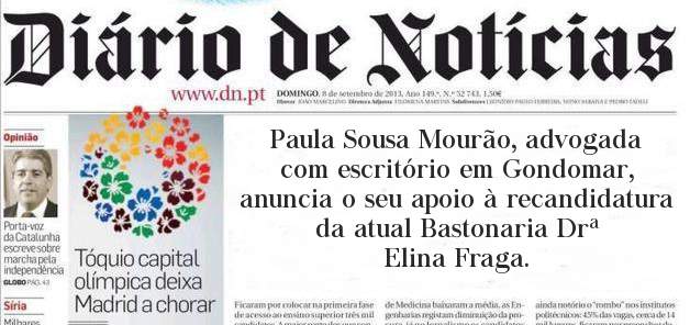 Paula Sousa Mourão, advogada com escritório em Gondomar, anuncia o seu apoio à recandidatura da atual Bastonaria Drª Elina Fraga.