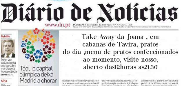 Take Away da Joana , em cabanas de Tavira, pratos do dia ,menu de pratos confeccionados ao momento, visite nosso, aberto das12horas as21.30