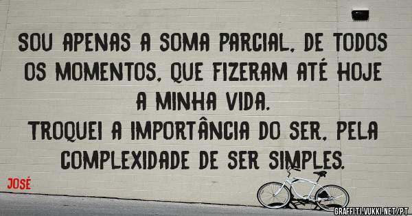 Sou apenas a soma parcial, de todos os momentos, que fizeram até hoje a minha vida.
Troquei a importância do ser, pela complexidade de ser simples.