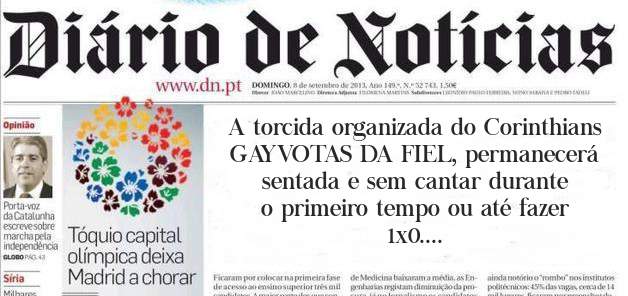 A torcida organizada do Corinthians GAYVOTAS DA FIEL, permanecerá sentada e sem cantar durante o primeiro tempo ou até fazer 1x0.
Que loucura!!