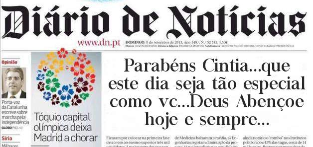 Parabéns Cintia...que este dia seja tão especial como vc...Deus Abençoe hoje e sempre...