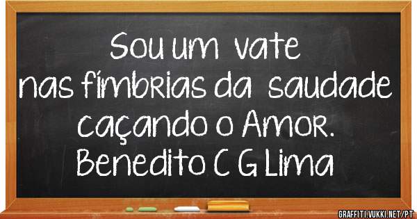 Sou um  vate
nas fímbrias da  saudade
caçando o Amor.
   Benedito C G Lima