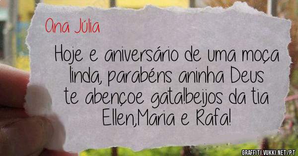 Hoje e aniversário de uma moça linda, parabéns aninha Deus te abençoe gata!beijos da tia Ellen,Maria e Rafa!