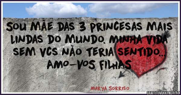 Sou mãe das 3 princesas mais lindas do mundo. Minha vida sem vcs não teria sentido...
AMO-VOS FILHAS