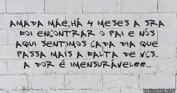 Amada MÃE,há 4 meses a sra foi encontrar o pai e nós aqui sentimos cada dia que passa mais a falta de vcs.
A dor é imensurável……..