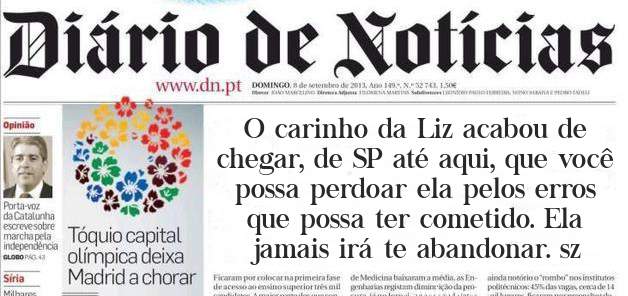 O carinho da Liz acabou de chegar, de SP até aqui, que você possa perdoar ela pelos erros que possa ter cometido. Ela jamais irá te abandonar. sz
