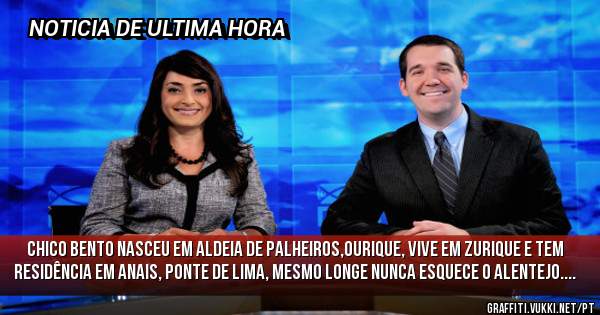 CHICO BENTO NASCEU EM ALDEIA DE PALHEIROS,OURIQUE, VIVE EM ZURIQUE E TEM RESIDÊNCIA EM ANAIS, PONTE DE LIMA, MESMO LONGE NUNCA ESQUECE O ALENTEJO....