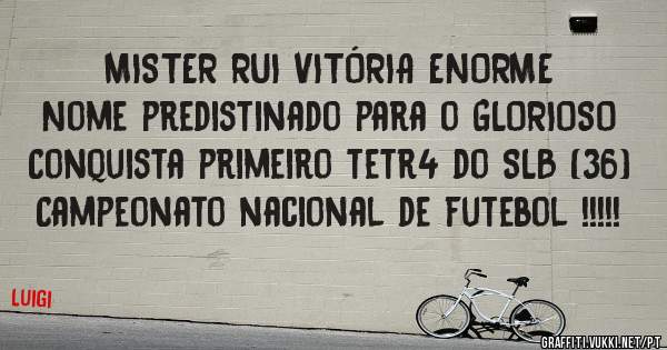 MISTER RUI VITÓRIA ENORME
Nome predistinado para o GLORIOSO
Conquista primeiro tetr4 do SLB (36)
Campeonato nacional de futebol !!!!!