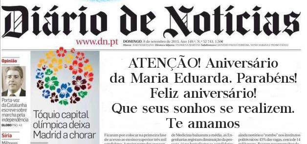 ATENÇÃO! Aniversário da Maria Eduarda. Parabéns! Feliz aniversário!
Que seus sonhos se realizem. Te amamos