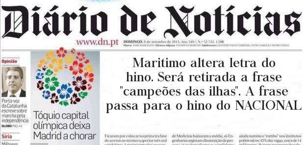 Maritimo altera letra do hino. Será retirada a frase ''campeões das ilhas''. A frase passa para o hino do NACIONAL