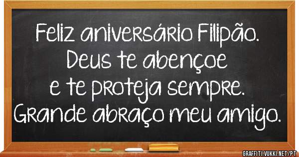 Feliz aniversário Filipão.
Deus te abençoe
e te proteja sempre.
Grande abraço meu amigo.