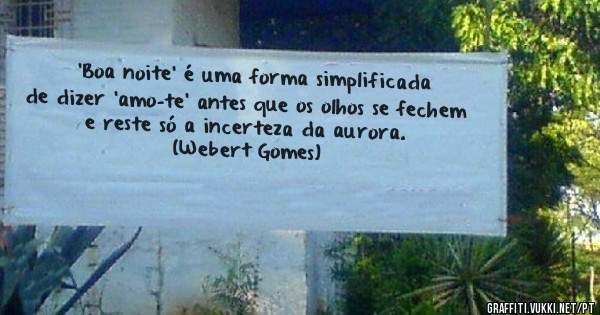 «'Boa noite' é uma forma simplificada de dizer 'amo-te' antes que os olhos se fechem e reste só a incerteza da aurora.»
(Webert Gomes)