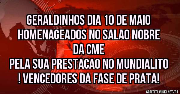 GERALDINHOS DIA 10 DE MAIO HOMENAGEADOS NO SALAO NOBRE DA CME 
PELA SUA PRESTACAO NO MUNDIALITO ! VENCEDORES DA FASE DE PRATA!