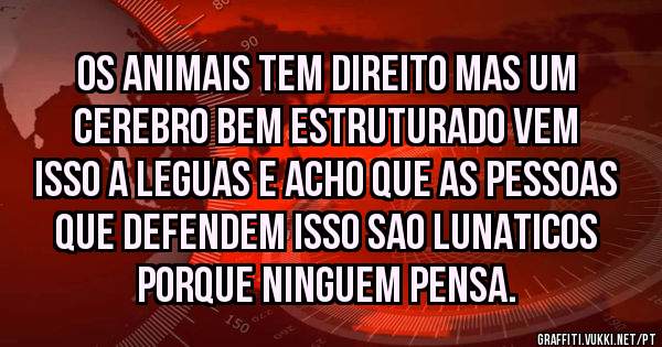 os animais tem direito mas um cerebro bem estruturado vem isso a leguas e acho que as pessoas que defendem isso sao lunaticos porque ninguem pensa.